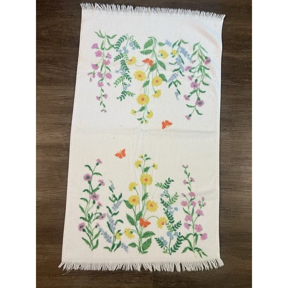 Vtg 1970s Dundee‎ Pink & Blue Flower Power Towel, Hand Towel, & Washcloth Fringe